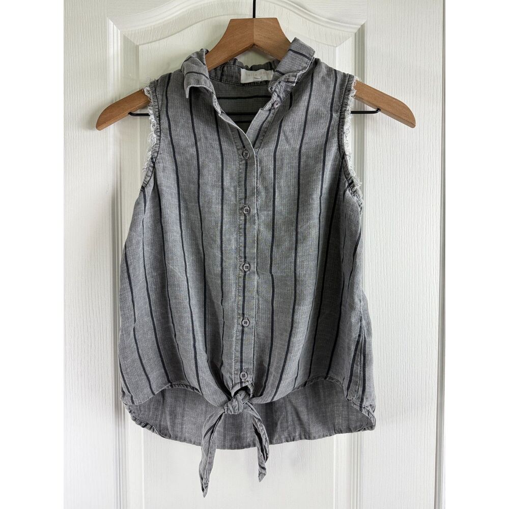 Bella Dahl Girls Sleeveless Tencel Linen Top Tie Front Gray Black Stripe Size 14